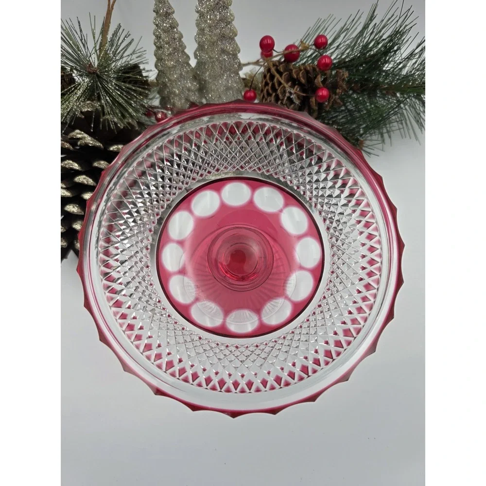 Vintage Cranberry Flash Glass Compote 6